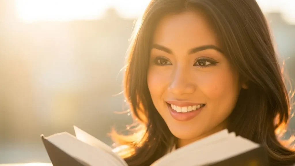 “Mulher lendo o livro Atitude Mental Positiva sob a luz do sol