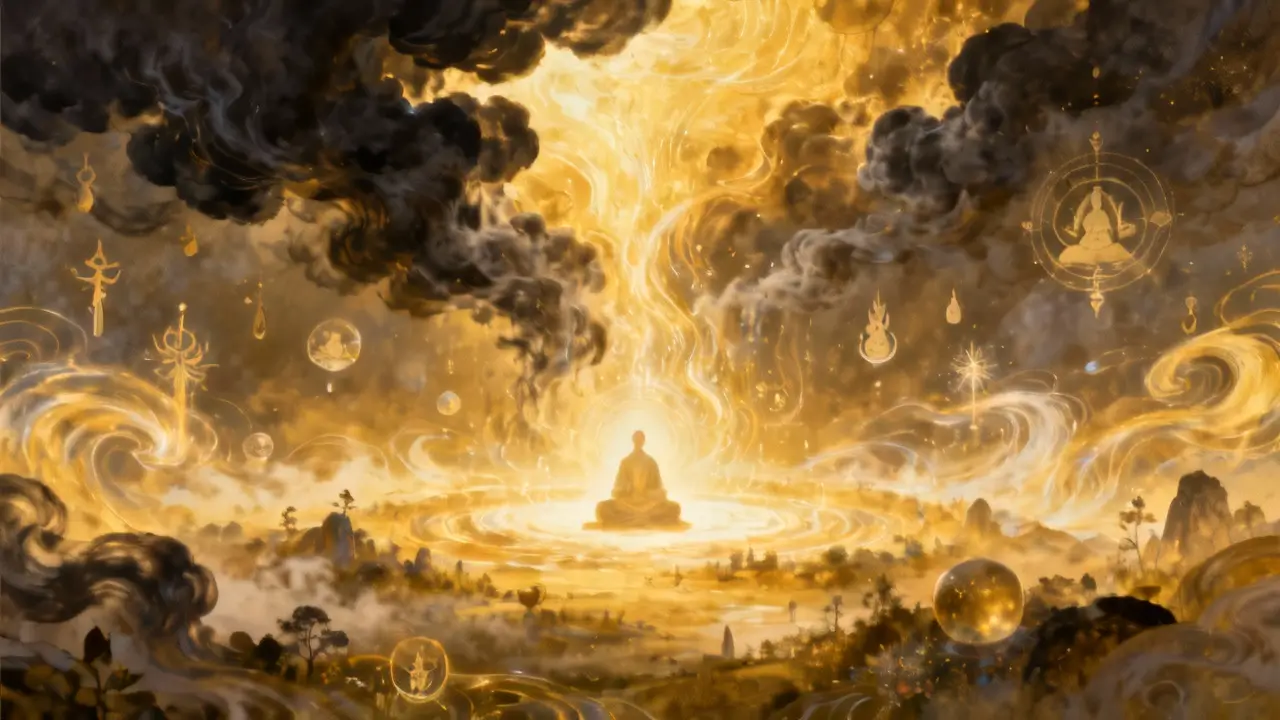 Mulher meditando com bolha protetora de luz contra energias tóxicas