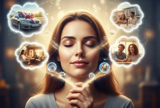 “Mulher praticando a Lei da Suposição, visualizando seus desejos e criando sua realidade com emoção e fé