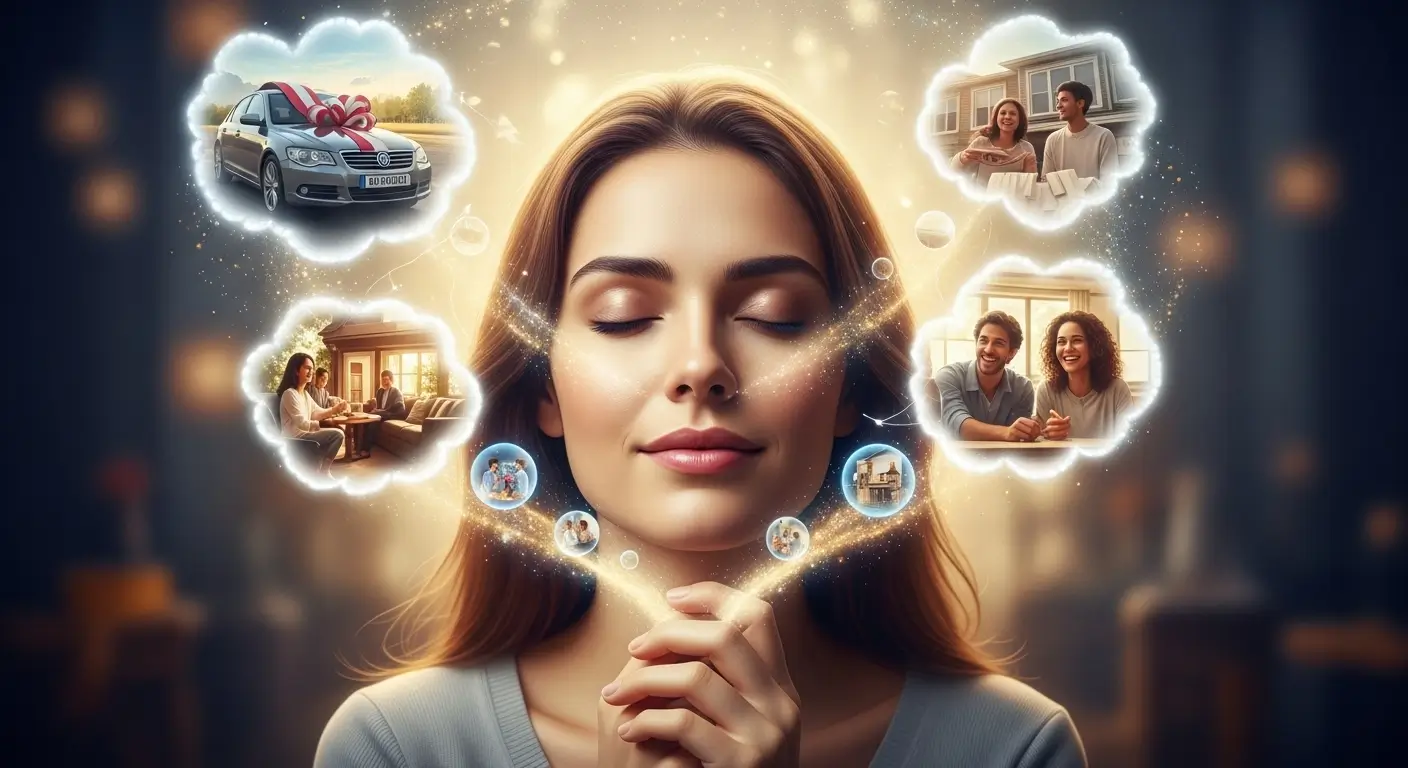 “Mulher praticando a Lei da Suposição, visualizando seus desejos e criando sua realidade com emoção e fé