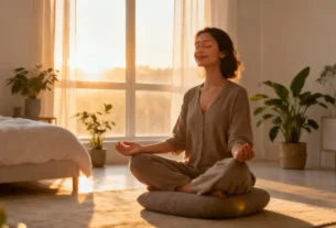 Mulher praticando meditação ao amanhecer, simbolizando hábitos positivos e duradouros e foco na rotina diária.