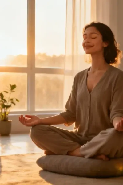 Mulher praticando meditação ao amanhecer, simbolizando hábitos positivos e duradouros e foco na rotina diária.
