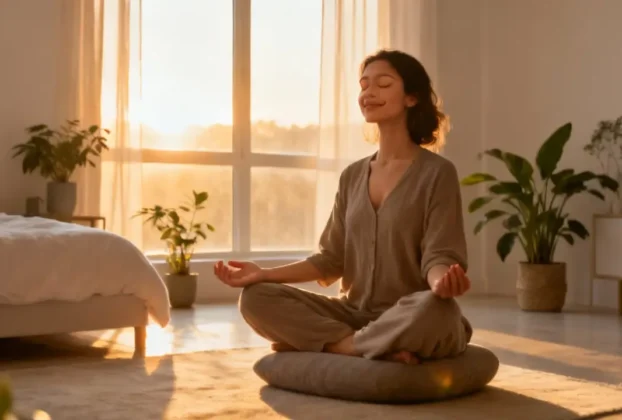 Mulher praticando meditação ao amanhecer, simbolizando hábitos positivos e duradouros e foco na rotina diária.