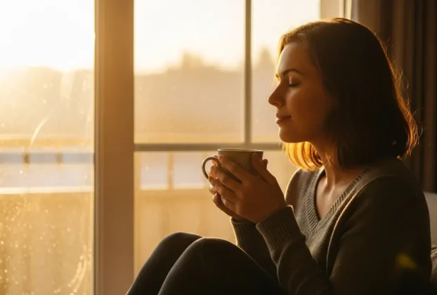“Mulher praticando técnicas de Mindfulness para Reduzir Ansiedade e Estresse Já em ambiente tranquilo e relaxante”