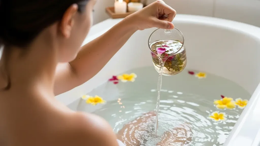 Mulher realizando banho energético com ervas, pétalas flutuando, atmosfera zen e espiritual, ritual de limpeza, relaxamento e renovação da energia