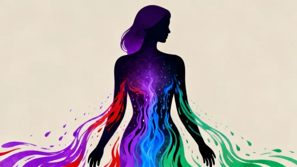 Silhueta feminina com fluxos coloridos representando energias tóxicas sendo limpas