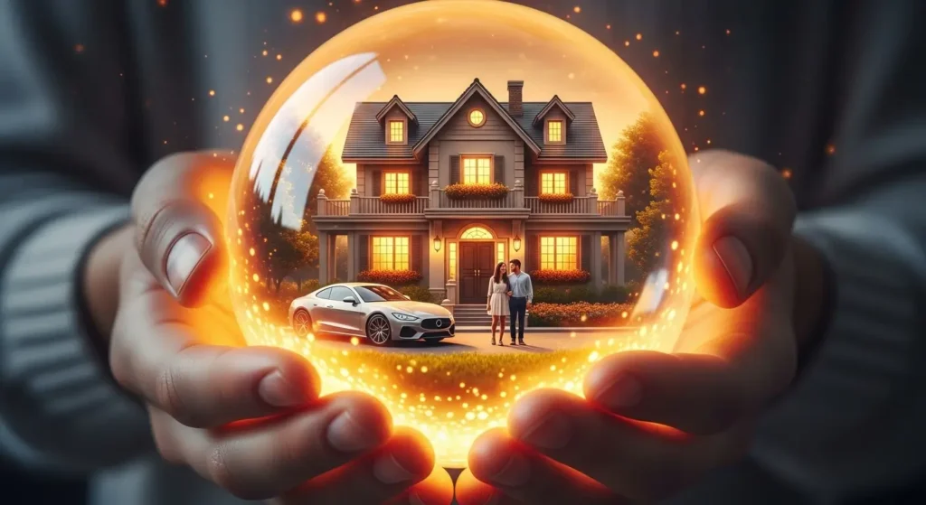 Visualização da Lei da Suposição mãos segurando símbolos de sonhos realizados em esfera luminosa