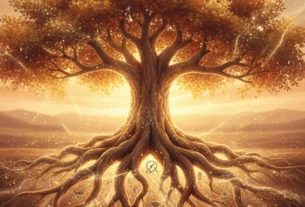 Árvore genealógica com raízes profundas, simbolizando traumas familiares e processo de cura emocional. não começou com você