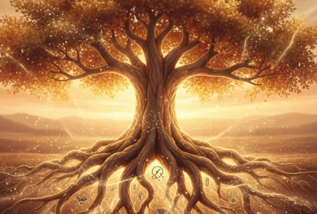 Árvore genealógica com raízes profundas, simbolizando traumas familiares e processo de cura emocional. não começou com você