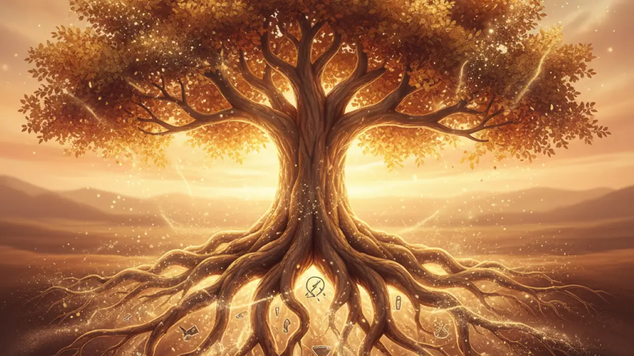 Árvore genealógica com raízes profundas, simbolizando traumas familiares e processo de cura emocional. não começou com você