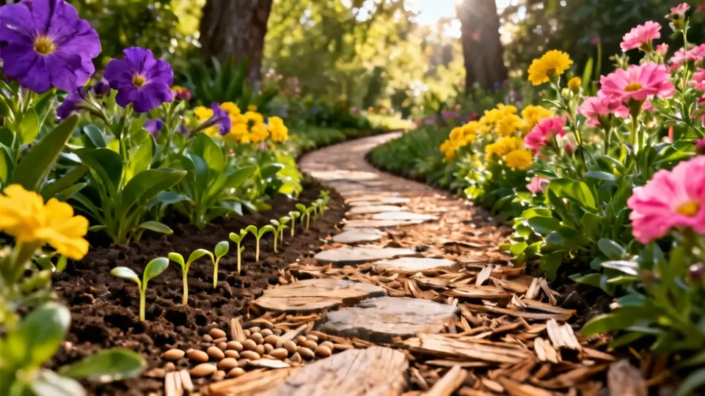 Caminho de jardim florido representando o crescimento contínuo no desenvolvimento pessoal para prosperar.