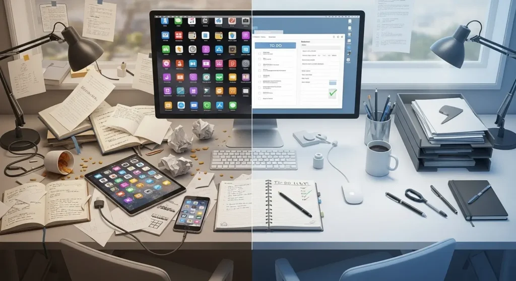 Ilustração dividida ao meio lado esquerdo com sobrecarga de papéis, notificações e tarefas, lado direito com organização e foco, estilo moderno e clean
