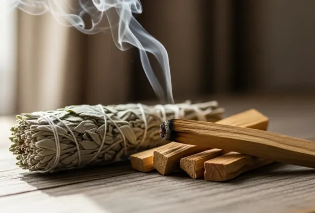 Ritual de limpeza energética com Palo Santo e Sálvia Branca para limpeza proteção espiritual.