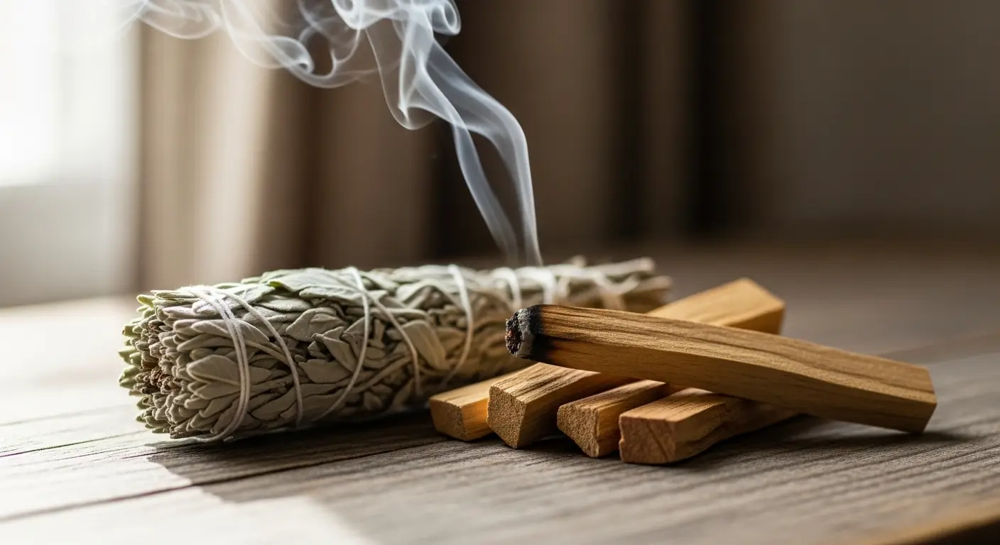 Ritual de limpeza energética com Palo Santo e Sálvia Branca para limpeza proteção espiritual.