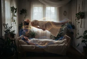 “Mulher em experiência de projeção astral como fazer, flutuando acima do corpo em luz dourada e azul, consciência expandida