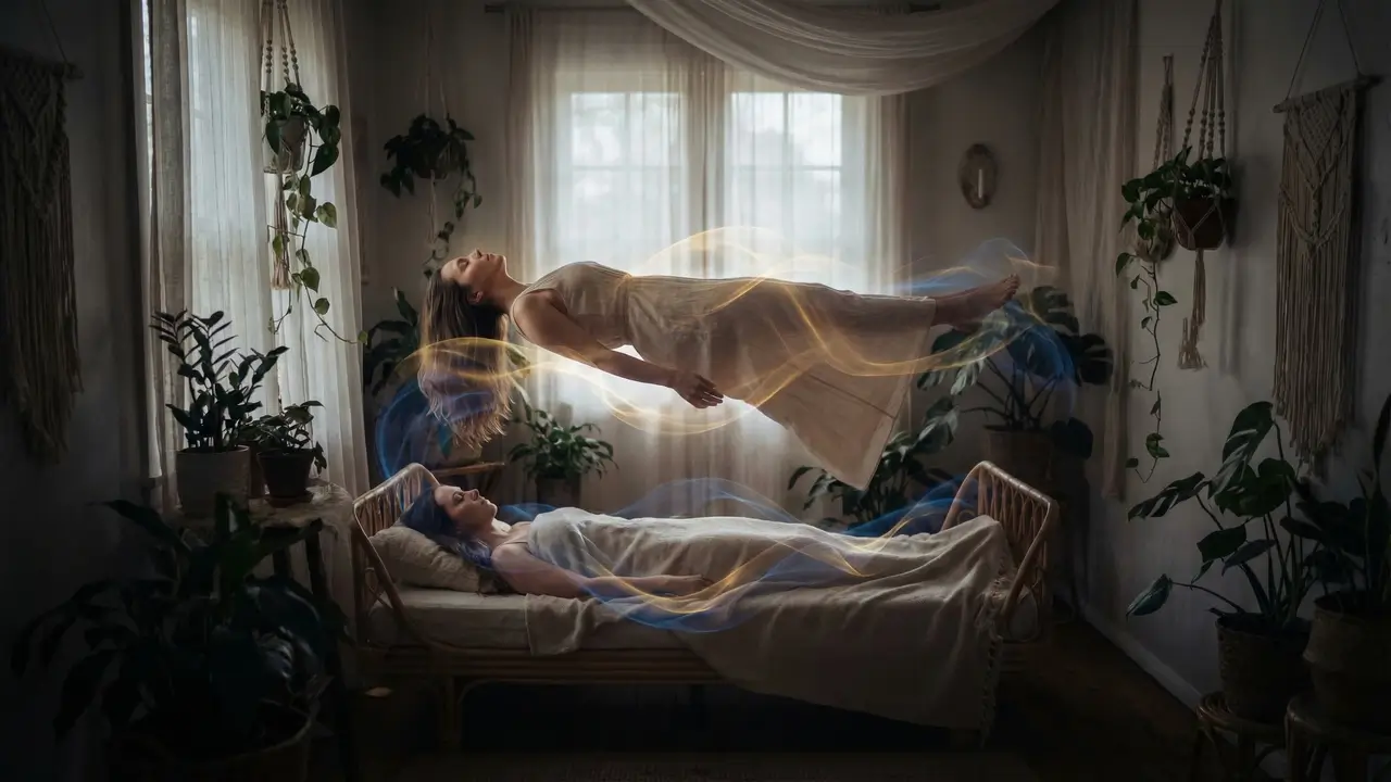 “Mulher em experiência de projeção astral como fazer, flutuando acima do corpo em luz dourada e azul, consciência expandida