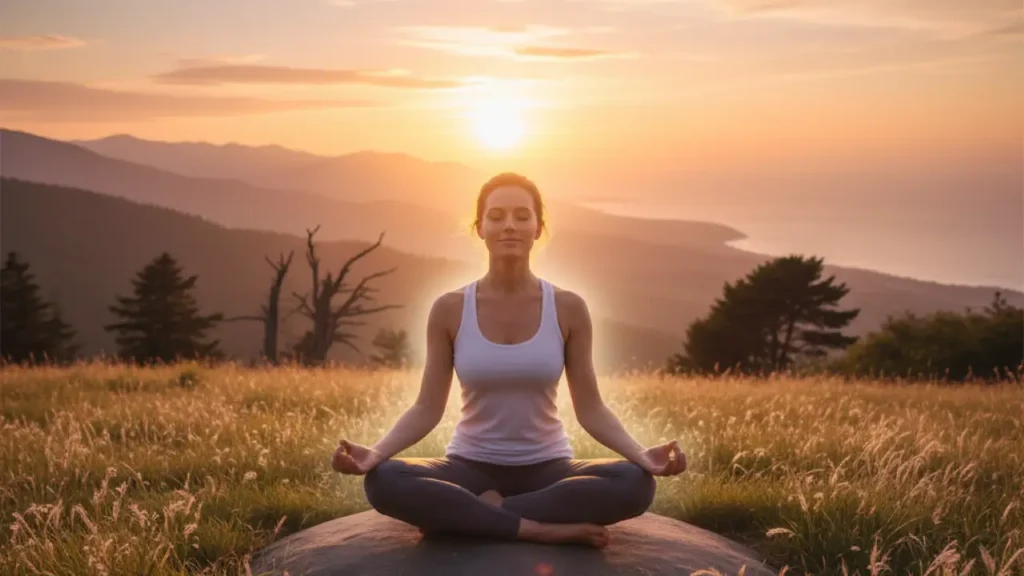 Mulher meditando ao pôr do sol, simbolizando libertação emocional e cura interior. não começou com você