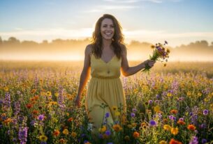 Mulher radiante vivenciando o segredo feminino para brilhar todos os dias