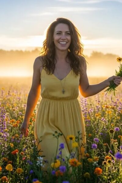 Mulher radiante vivenciando o segredo feminino para brilhar todos os dias