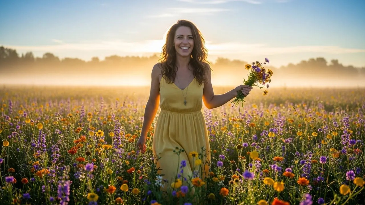 Mulher radiante vivenciando o segredo feminino para brilhar todos os dias