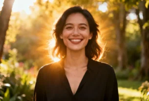 Mulher sorrindo confiante ao ar livre, simbolizando desenvolvimento pessoal para prosperar com alegria e transformação.