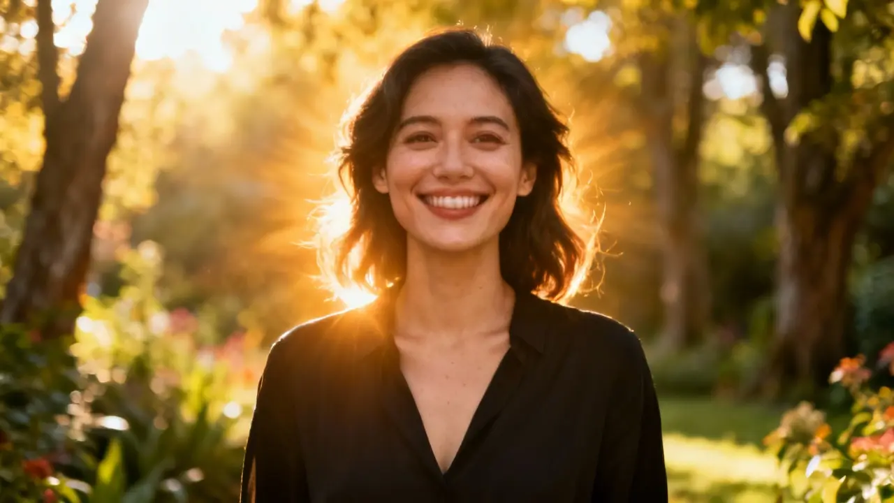 Mulher sorrindo confiante ao ar livre, simbolizando desenvolvimento pessoal para prosperar com alegria e transformação.