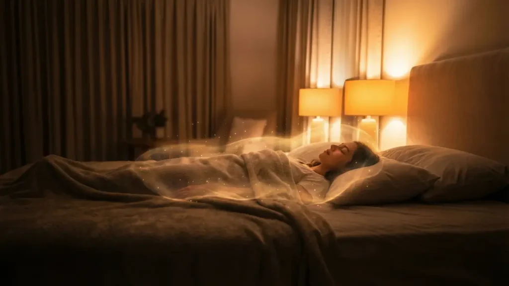 “Pessoa meditando deitada, preparada para projeção astral como fazer, com aura brilhante e ambiente calmo e protegido”