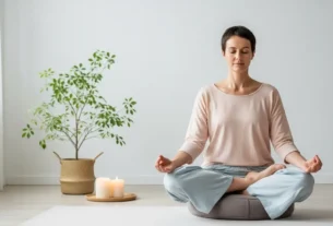 Pessoa meditando em ambiente minimalista representando Essencialismo e propósito na vida