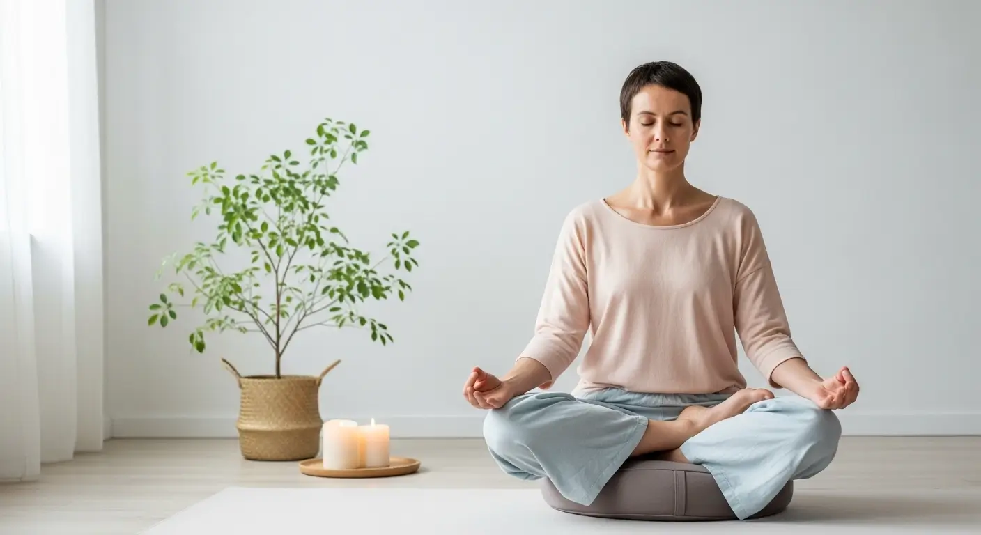 Pessoa meditando em ambiente minimalista representando Essencialismo e propósito na vida