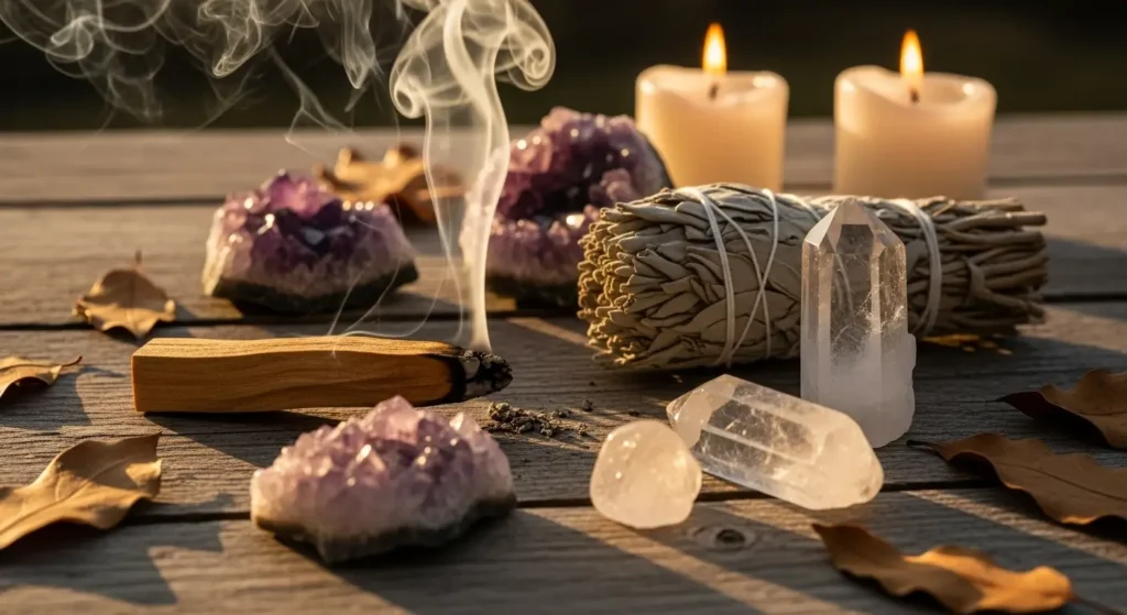 Ritual de limpeza energética com Palo Santo e Sálvia Branca para limpeza para proteção espiritual.