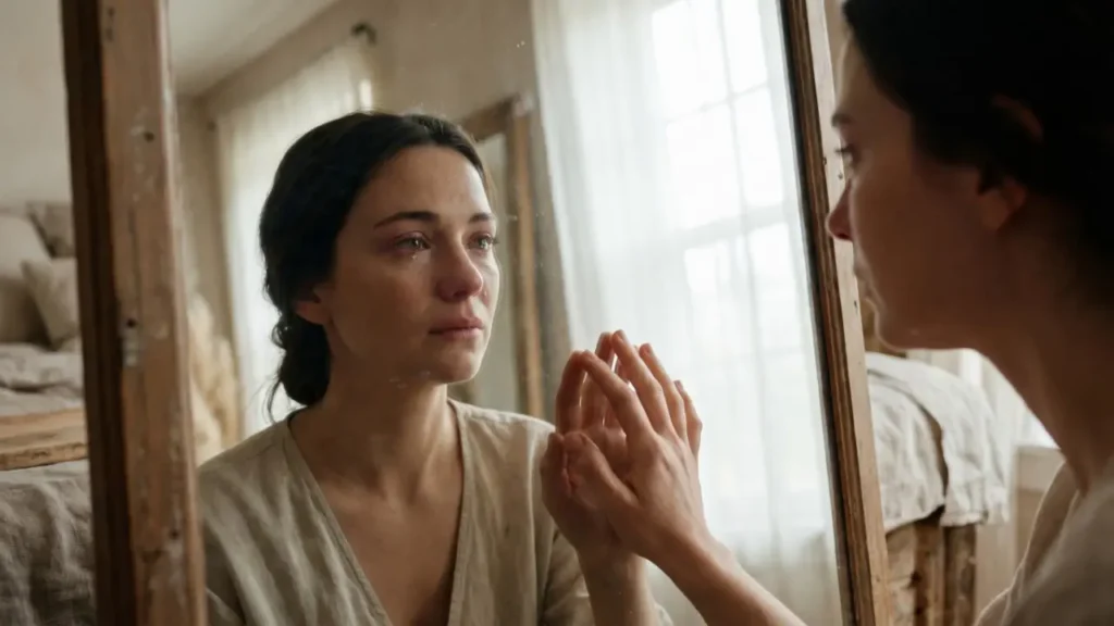 Mulher olhando no espelho em um processo profundo de reflexão sobre o que é autoconhecimento e identidade pessoal