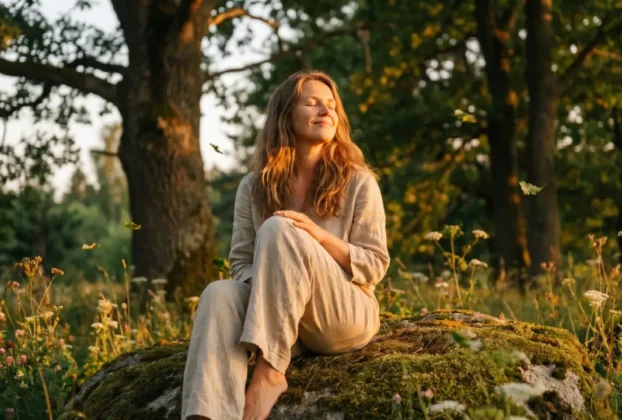 Mulher em momento de introspecção na natureza refletindo sobre o que é autoconhecimento e sua conexão interior