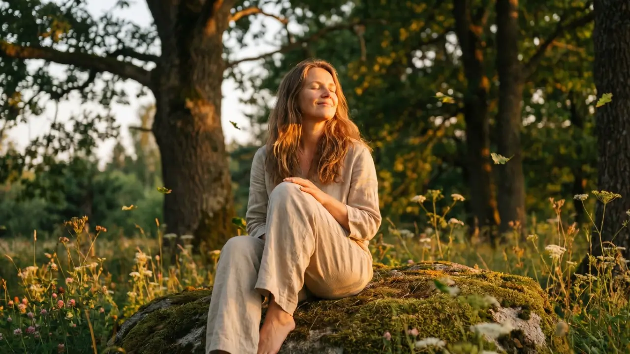 Mulher em momento de introspecção na natureza refletindo sobre o que é autoconhecimento e sua conexão interior