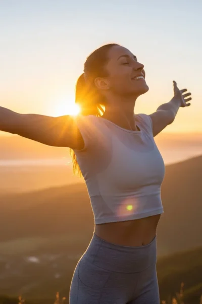 melher com os braços abertos ao por do sol , conhecendo suas emoções
