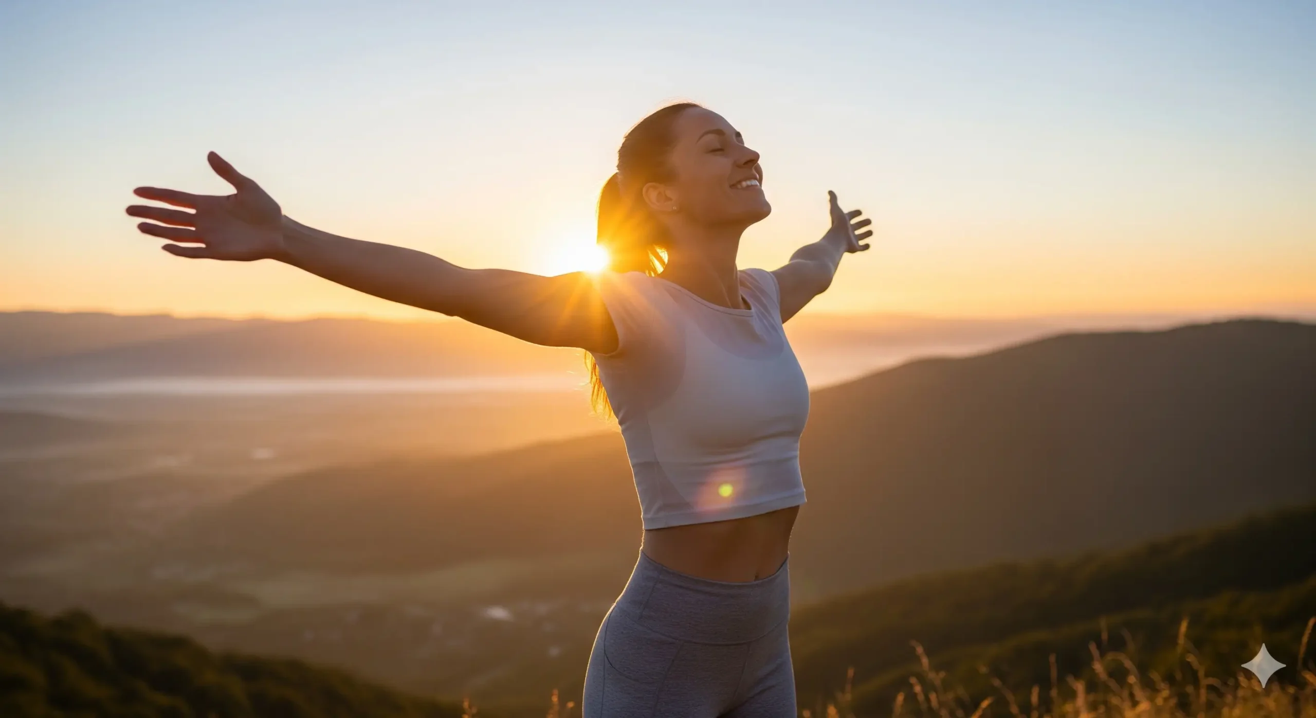 melher com os braços abertos ao por do sol , conhecendo suas emoções