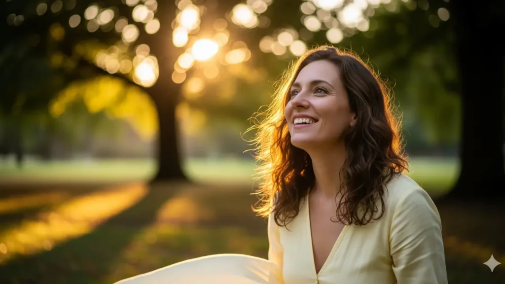 mlher sorrindo sentada em um campo ao por do sol, conhecendo suas emoções 