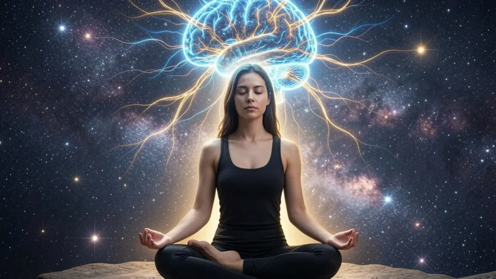 Neurociência da espiritualidade mostrando mulher meditando e conexões neurais iluminadas