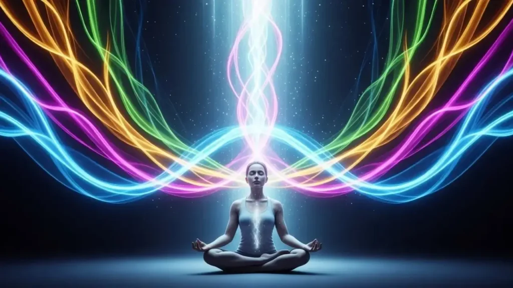 Pessoa meditando em posição de lótus, cercada por ondas de luz coloridas, simbolizando o despertar da sua frequência vibracional e harmonizar energia pessoal.