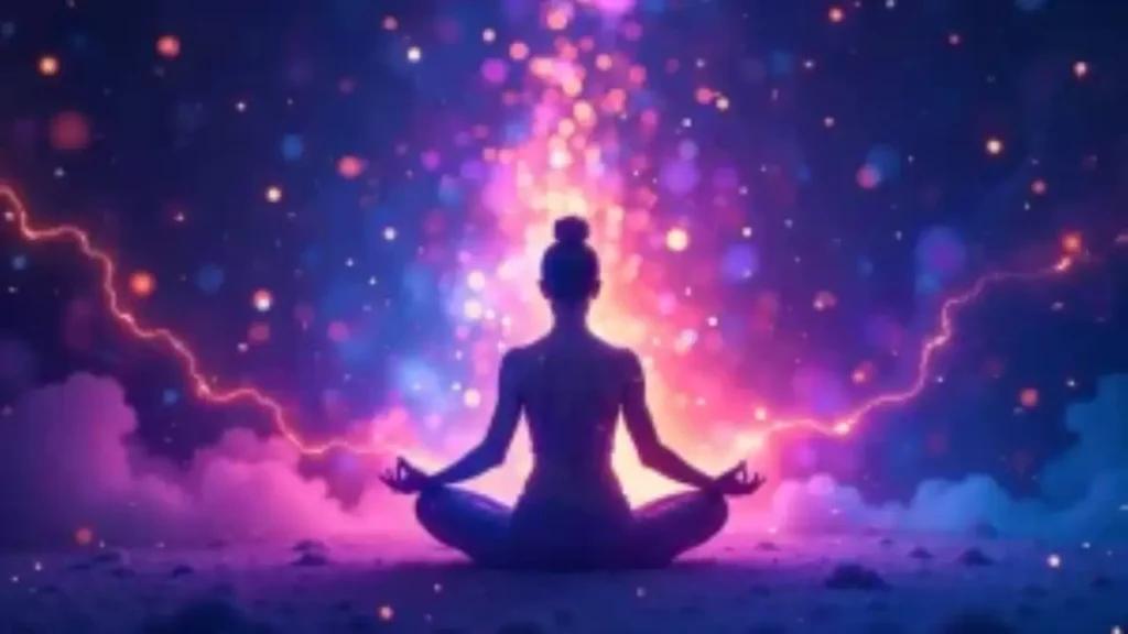 Pessoa meditando em posição de lótus, cercada por ondas de luz coloridas, simbolizando o despertar da sua frequência vibracional e harmonizar energia pessoal,