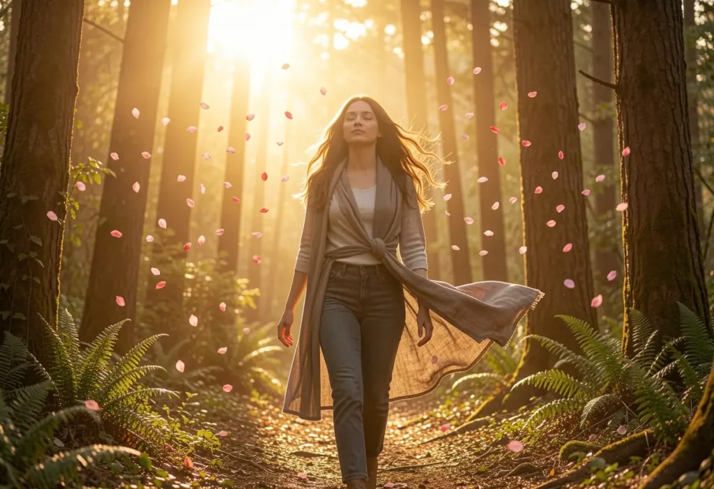 mulher em um caminho iluminado pelo por do sol, simbolizando o poder de ser você